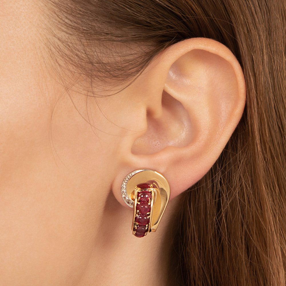 Retro Cabochon Ruby and Diamond Earrings - 6