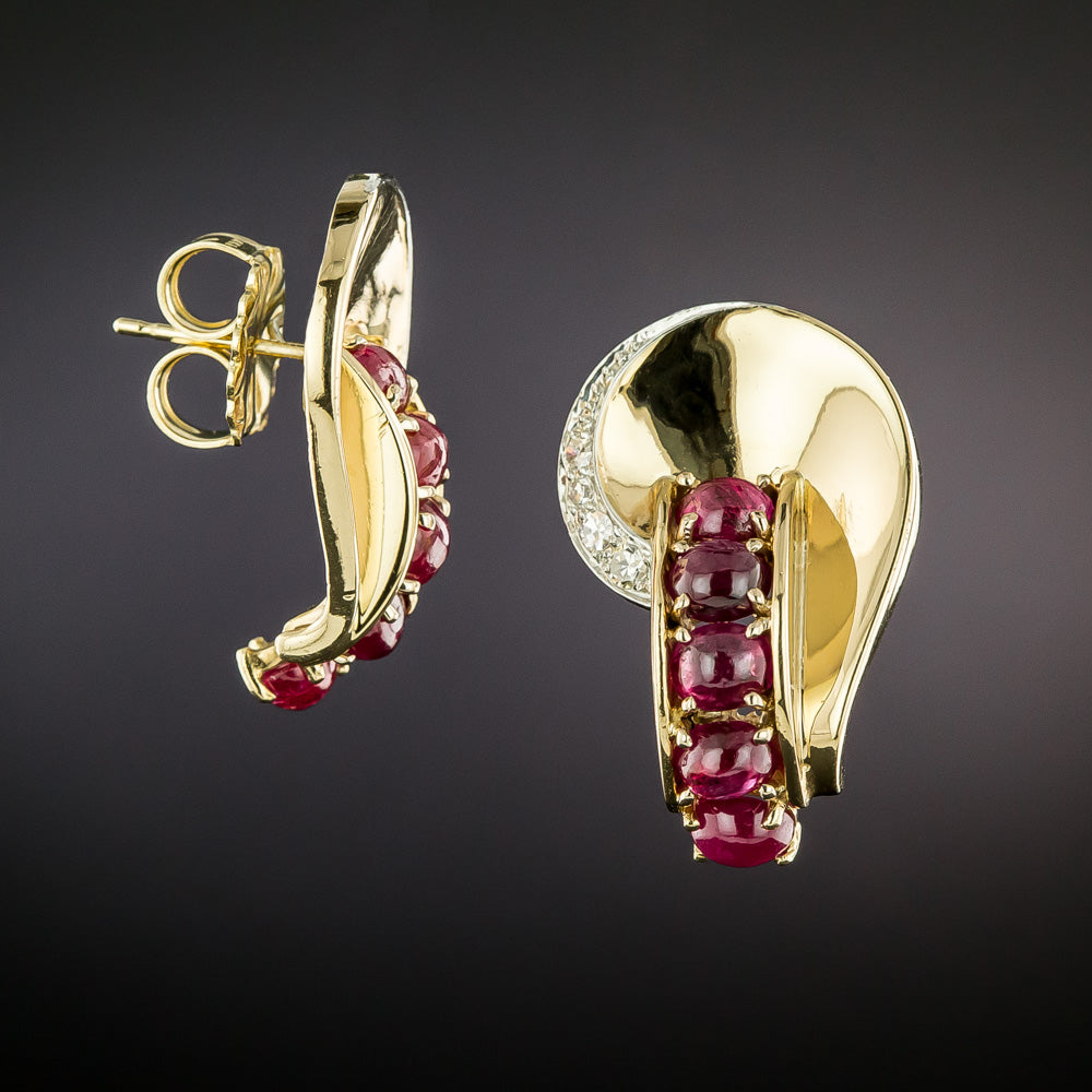 Retro Cabochon Ruby and Diamond Earrings - 2