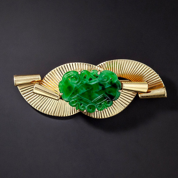 Retro Carved Natural Burmese Jade Brooch