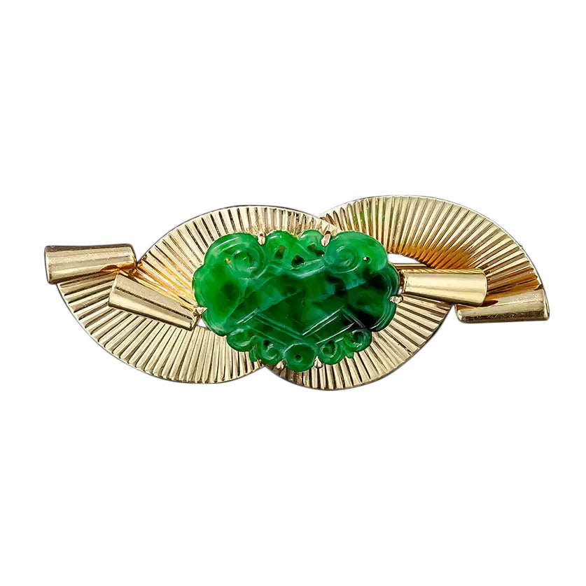 Retro Carved Natural Burmese Jade Brooch