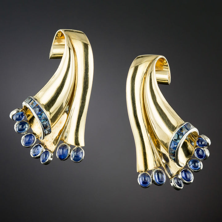 Retro Cornucopia Sapphire Earrings