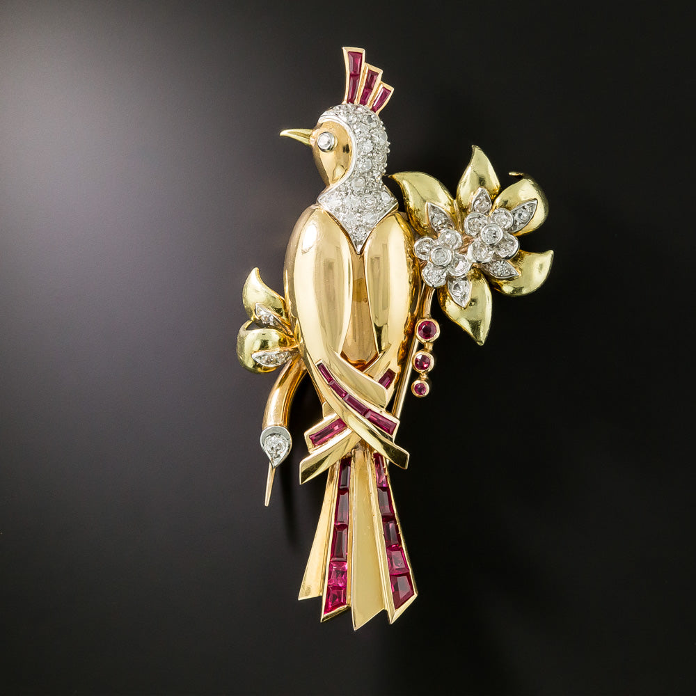 Retro Diamond and Ruby Bird Pin - 1