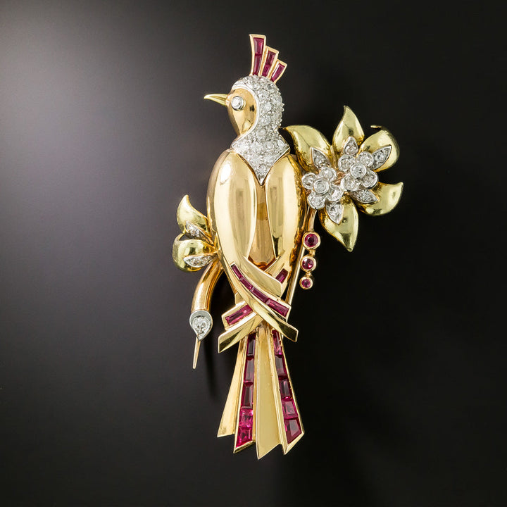 Retro Diamond and Ruby Bird Pin