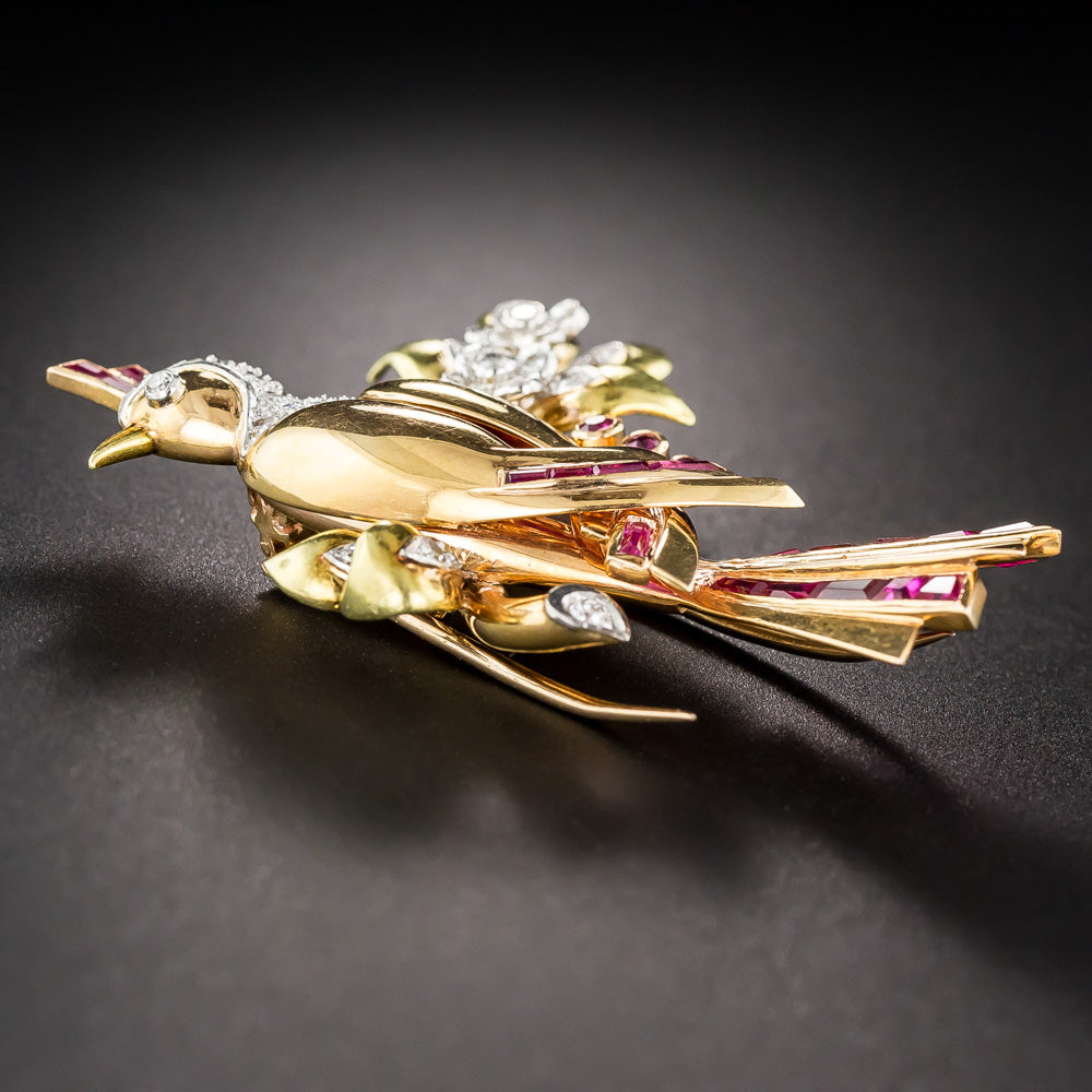 Retro Diamond and Ruby Bird Pin - 3