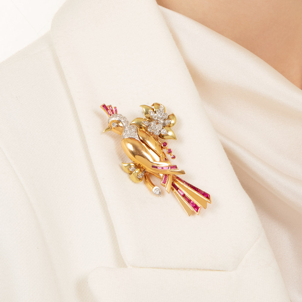 Retro Diamond and Ruby Bird Pin - 4