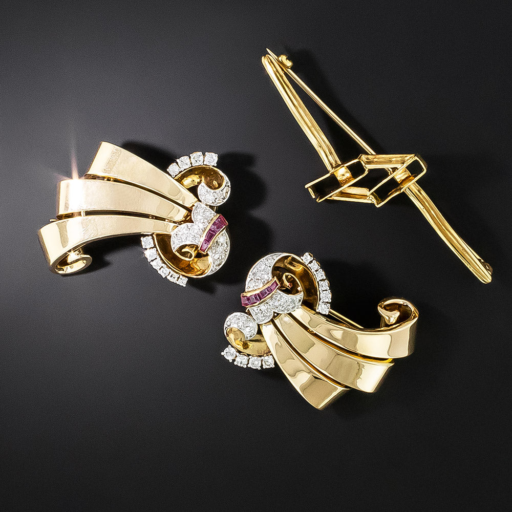 Retro Diamond And Ruby Double Clips/Brooch - 4