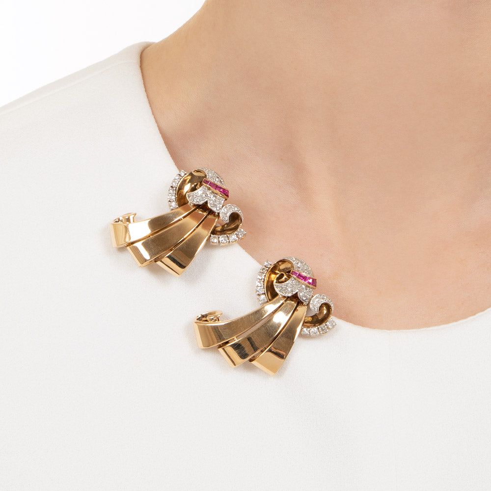 Retro Diamond And Ruby Double Clips/Brooch - 6