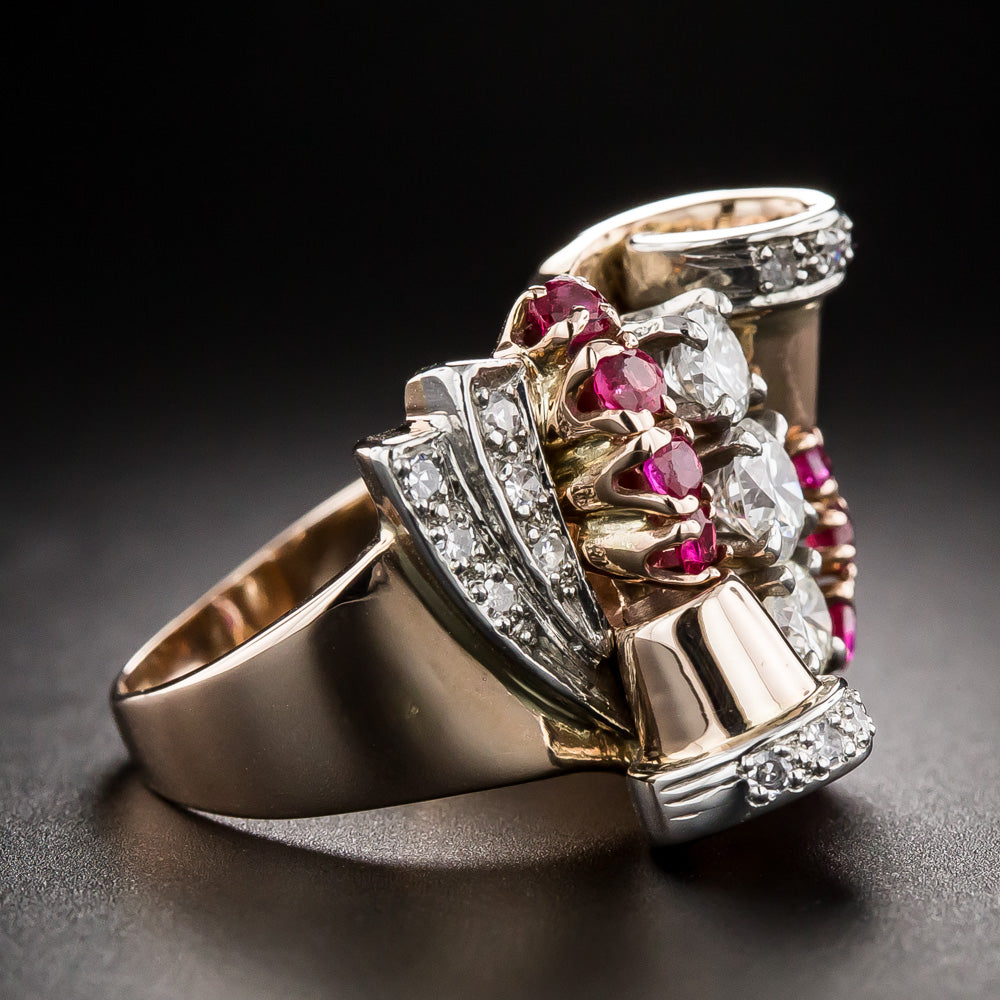 Retro Diamond And Ruby Rose Gold Ring, Size 4 1/2 - 2