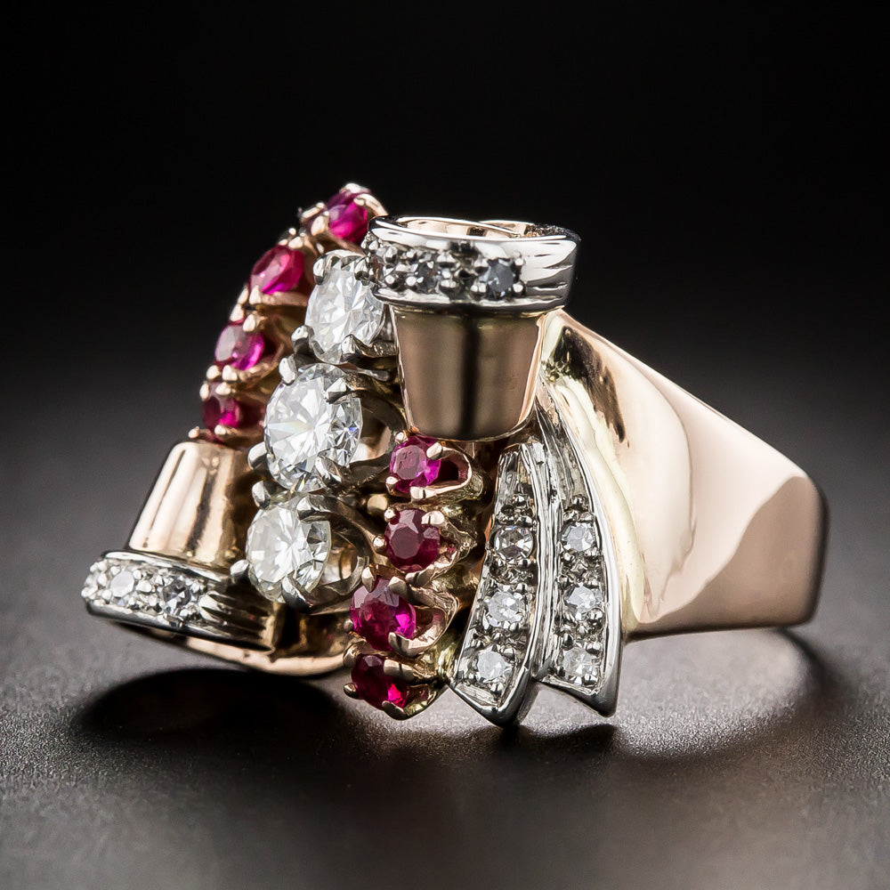 Retro Diamond And Ruby Rose Gold Ring, Size 4 1/2 - 3