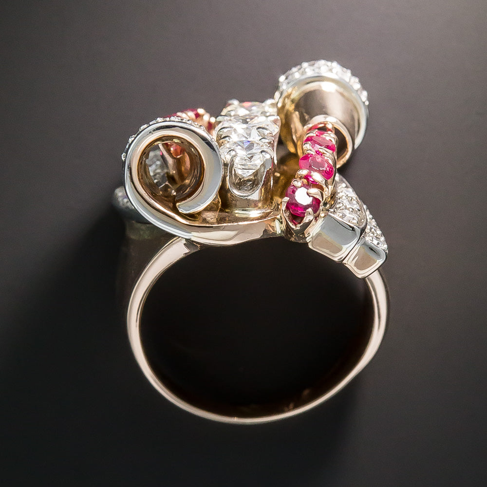 Retro Diamond And Ruby Rose Gold Ring, Size 4 1/2 - 4
