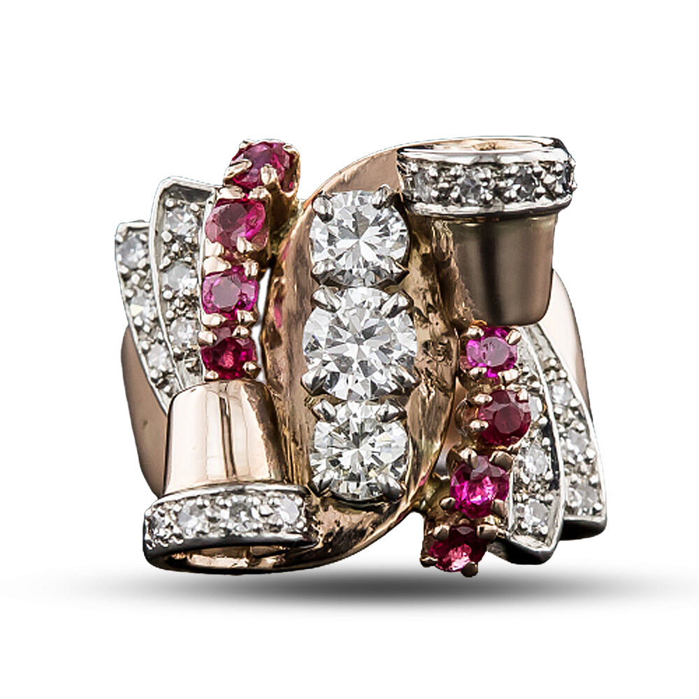 Retro Diamond And Ruby Rose Gold Ring, Size 4 1/2 - 5