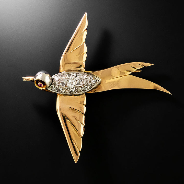 Retro Diamond and Ruby Swallow Brooch