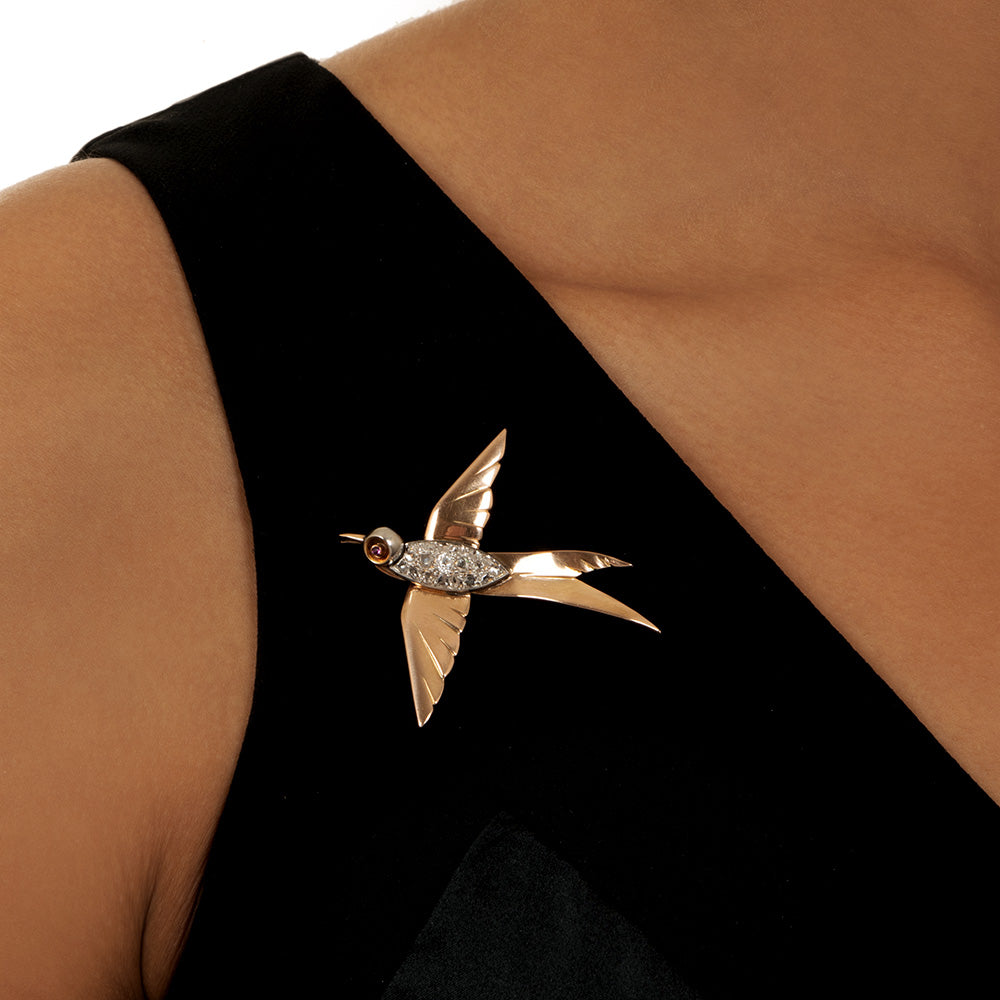 Retro Diamond and Ruby Swallow Brooch - 4