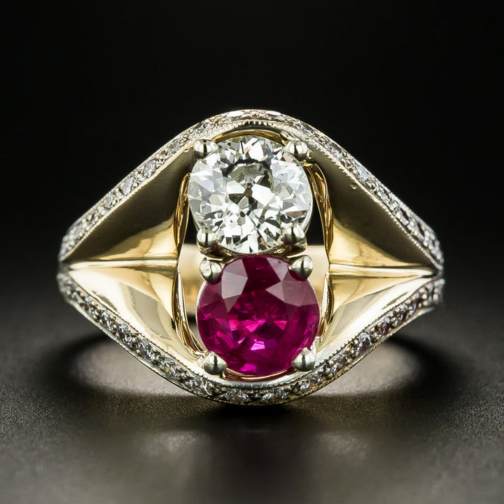 Retro Diamond and Ruby Toi Et Moi Ring - GIA