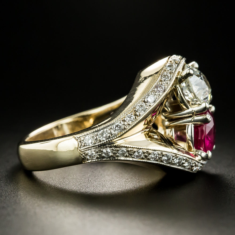 Retro Diamond and Ruby Toi Et Moi Ring - GIA  - 3