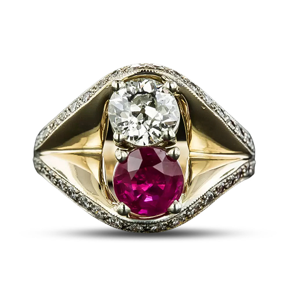 Retro Diamond and Ruby Toi Et Moi Ring - GIA  - 4