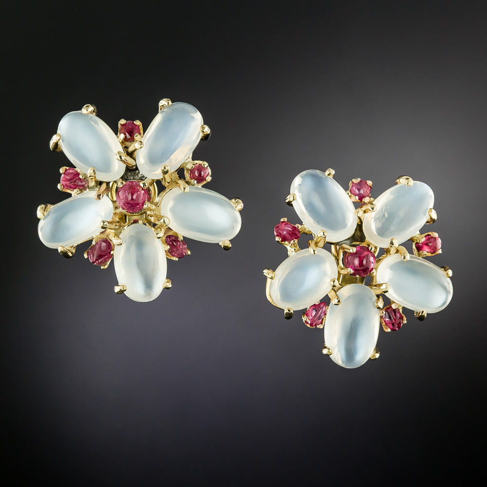 Retro Moonstone and Ruby Earrings - 2