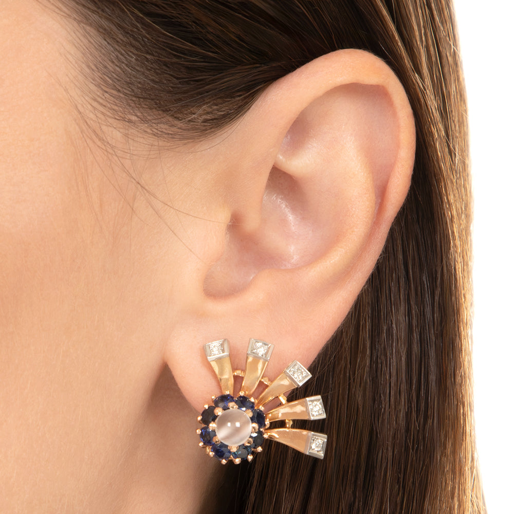 Retro Moonstone, Sapphire and Diamond Flare Earrings - 3
