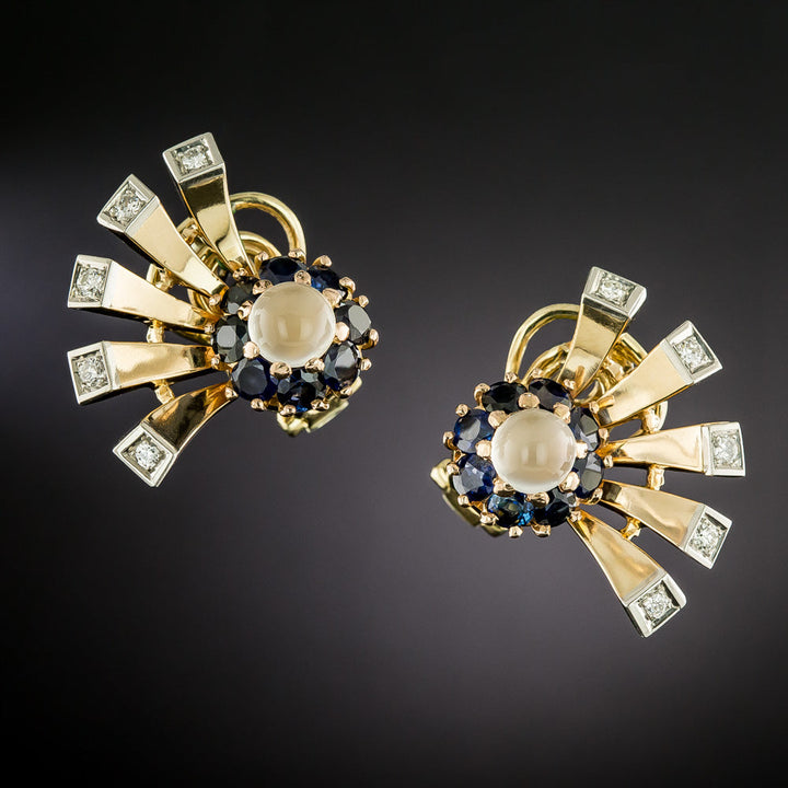 Retro Moonstone, Sapphire and Diamond Flare Earrings