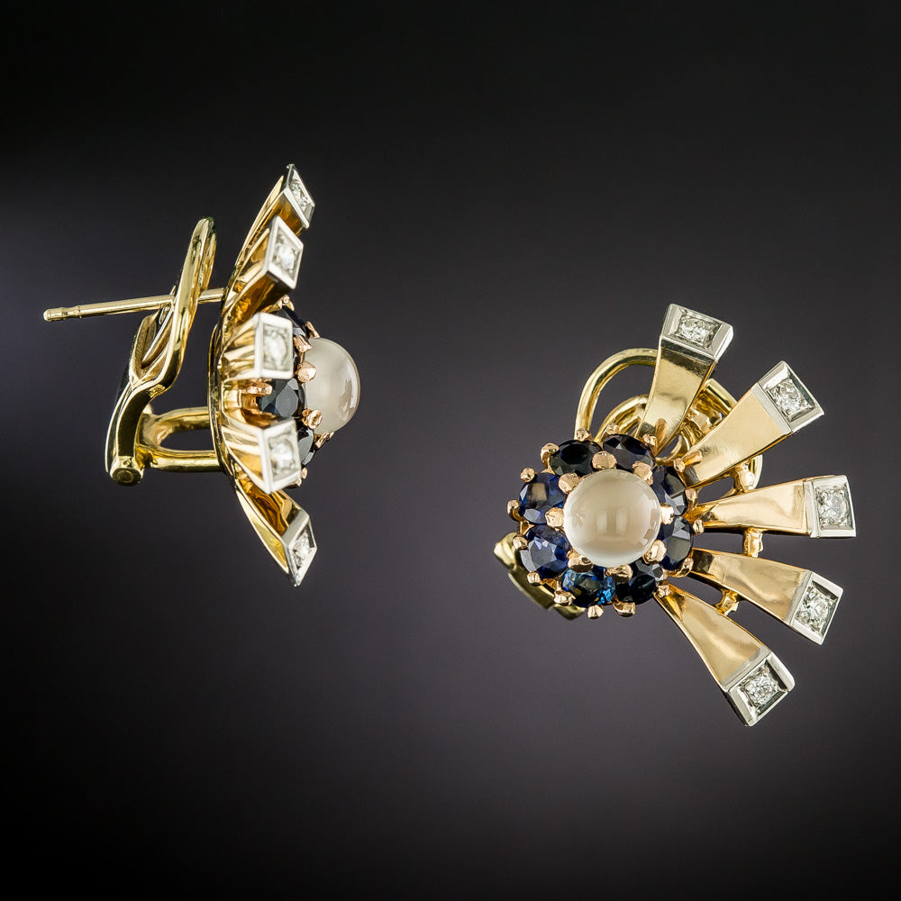 Retro Moonstone, Sapphire and Diamond Flare Earrings - 3