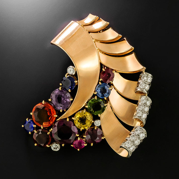 Retro Multi-Gem and Diamond Brooch, French