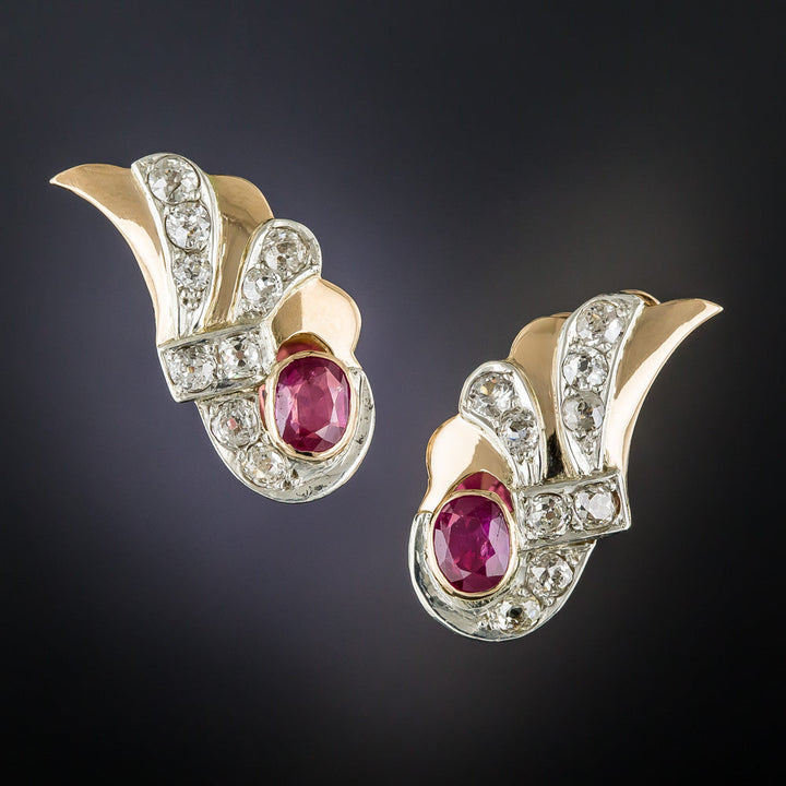 Retro No-Heat Burma Ruby and Diamond Wing Earrings