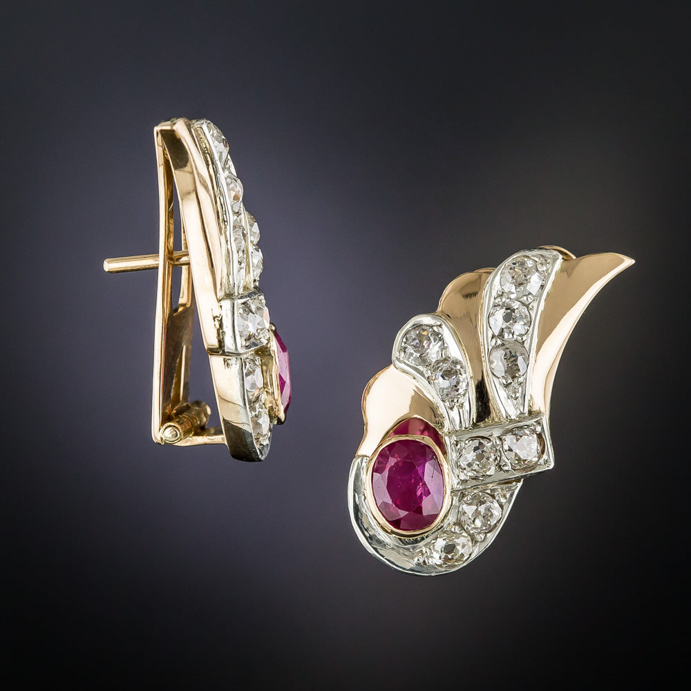 Retro No-Heat Burma Ruby and Diamond Wing Earrings - 2