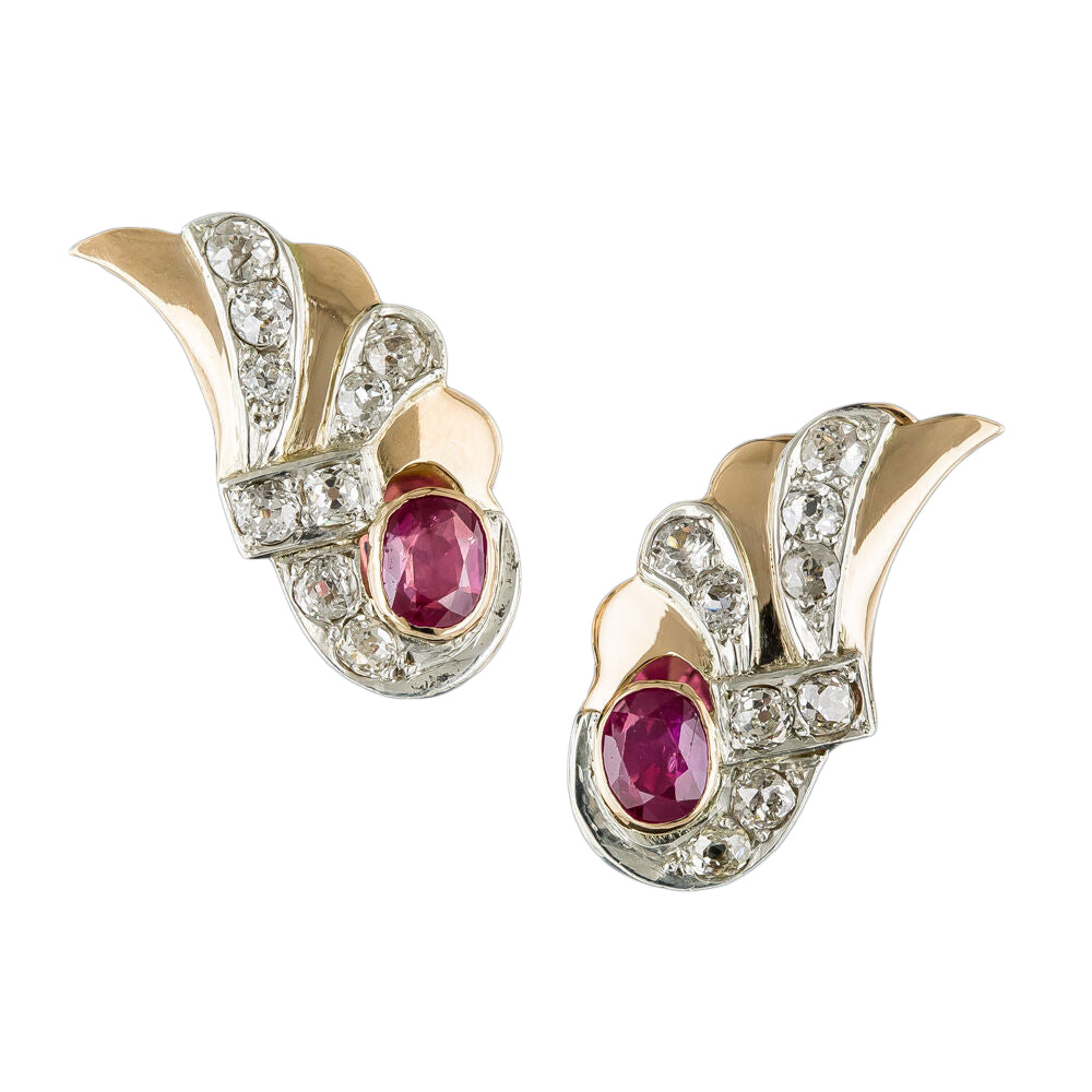Retro No-Heat Burma Ruby and Diamond Wing Earrings - 4
