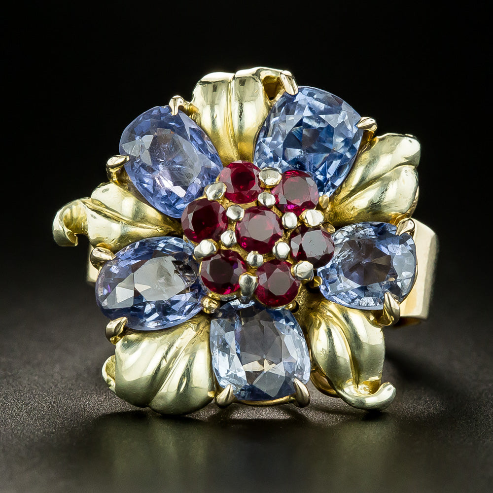 Retro No-Heat Sapphire and Ruby Cocktail Ring - 3