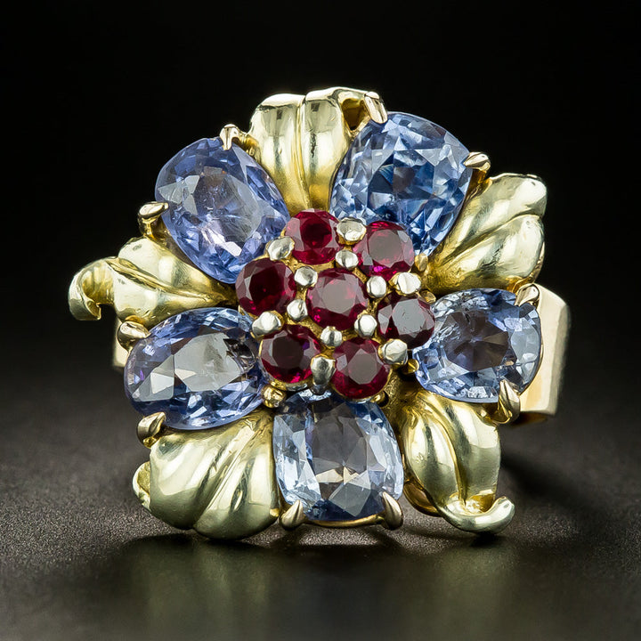 Retro No-Heat Sapphire and Ruby Cocktail Ring