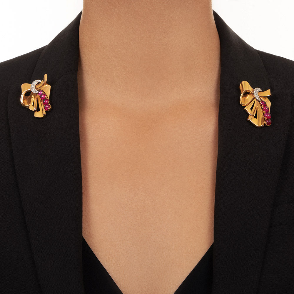 Retro Ruby and Diamond Double-Clip Brooch - 10
