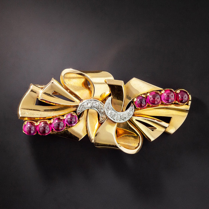 Retro Ruby and Diamond Double-Clip Brooch