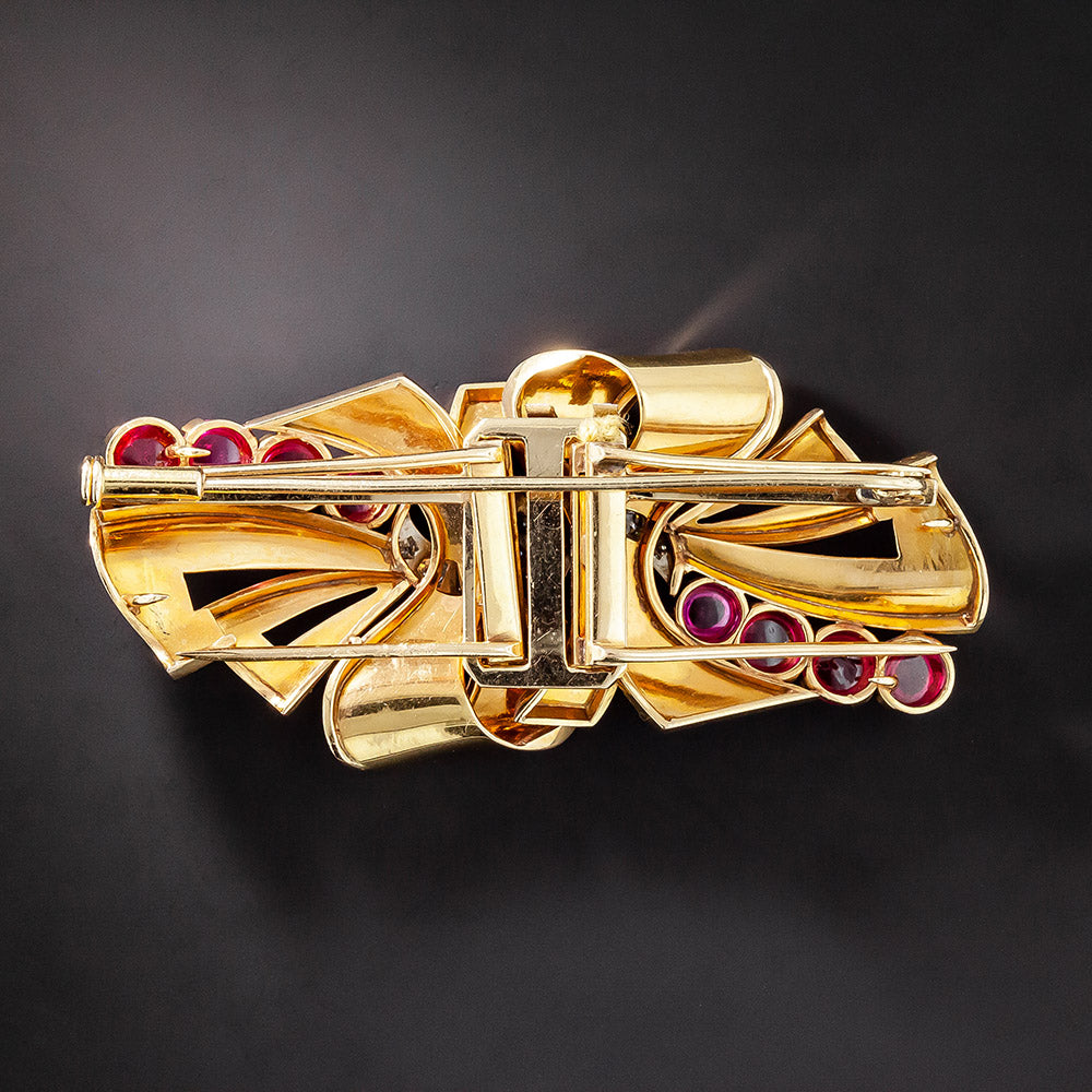 Retro Ruby and Diamond Double-Clip Brooch - 2