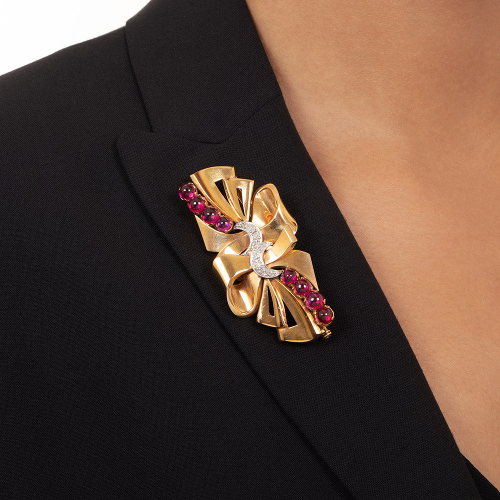 Retro Ruby and Diamond Double-Clip Brooch - 9