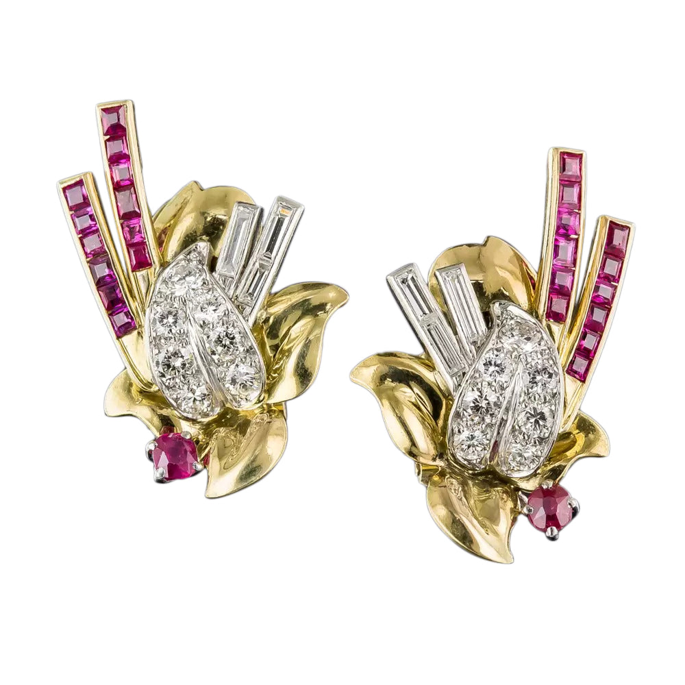 Retro Ruby and Diamond Leaf Earrings - 3