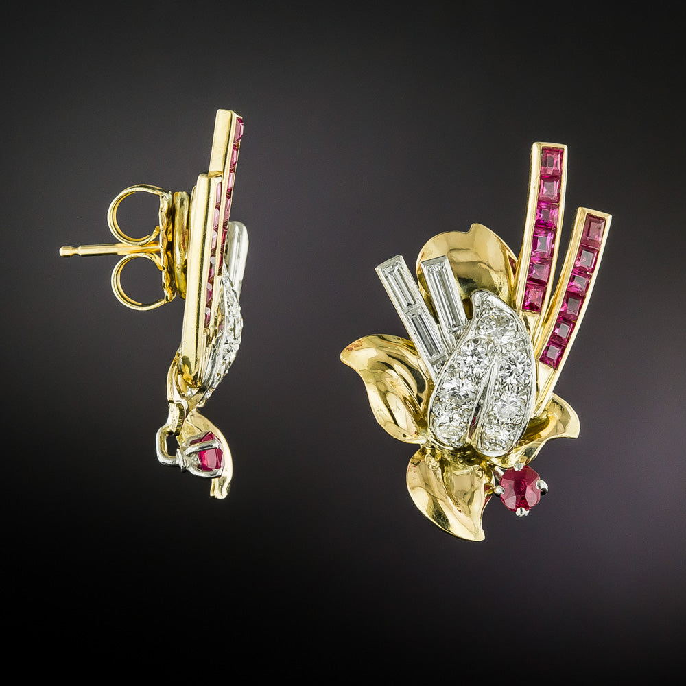 Retro Ruby and Diamond Leaf Earrings - 2