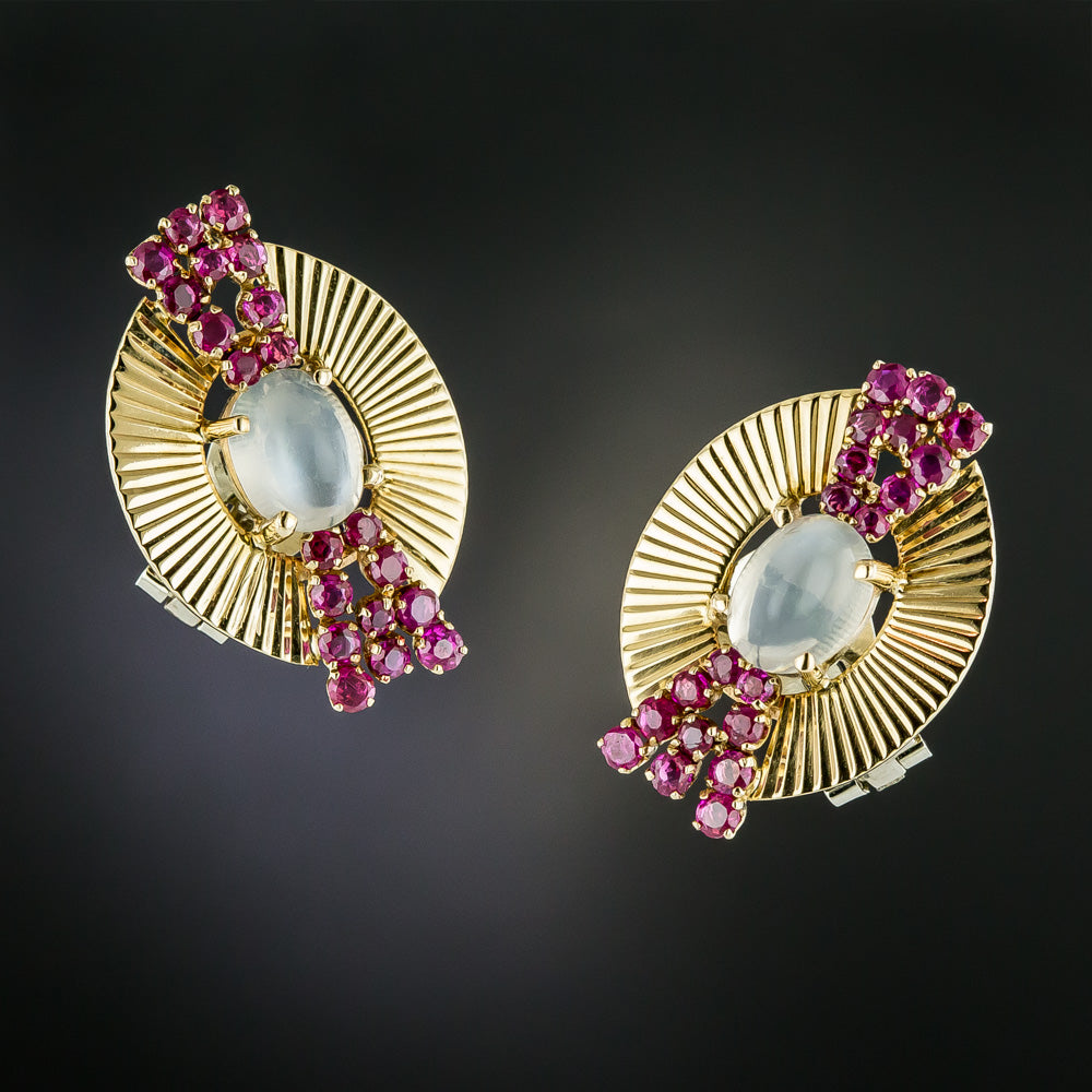 Retro Ruby and Moonstone Earrings - 2