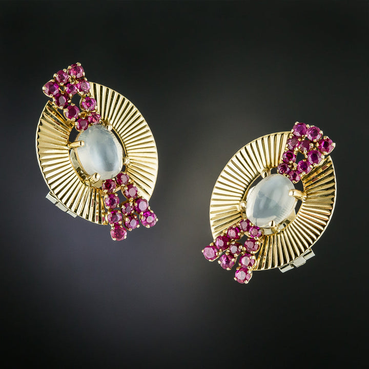 Retro Ruby and Moonstone Earrings