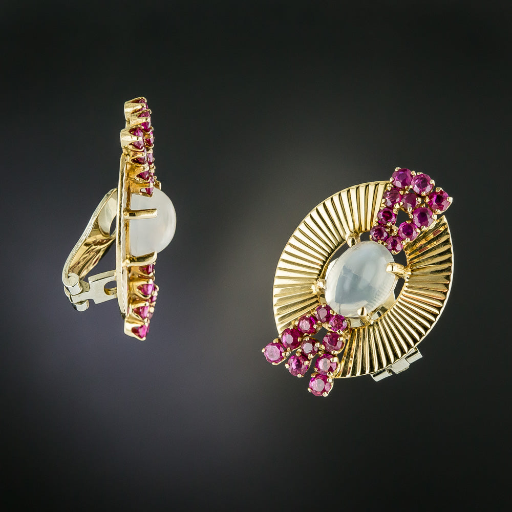 Retro Ruby and Moonstone Earrings - 3