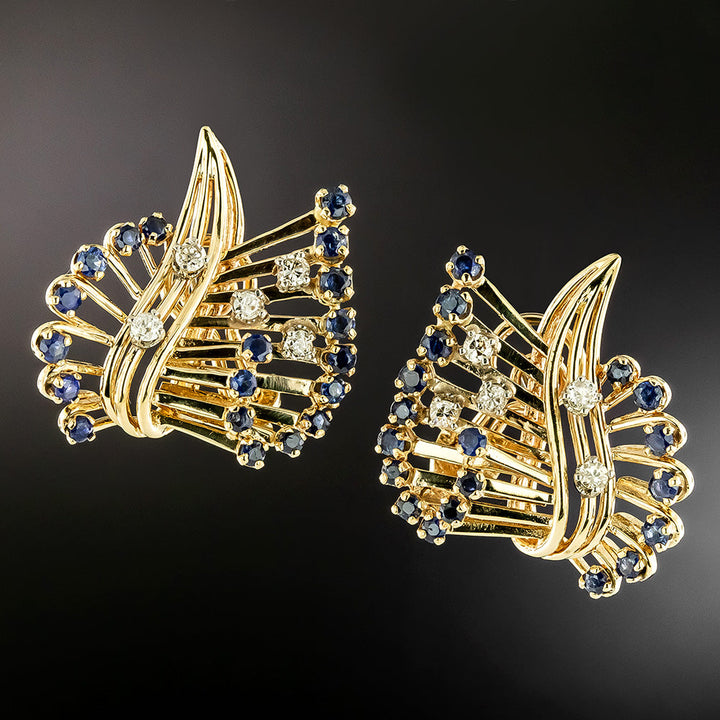 Retro Sapphire and Diamond  Earrings