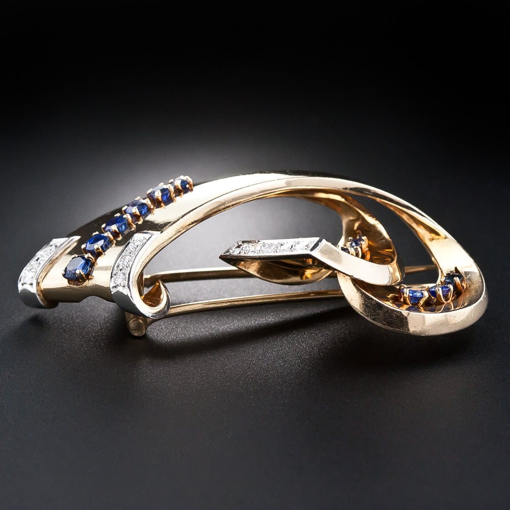 Retro Sapphire and Diamond Wave Brooch - 8