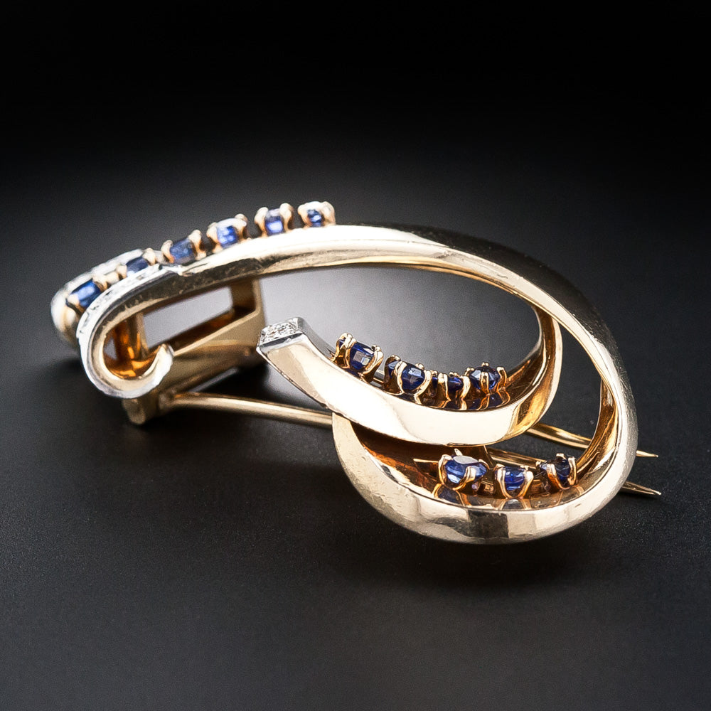 Retro Sapphire and Diamond Wave Brooch - 9