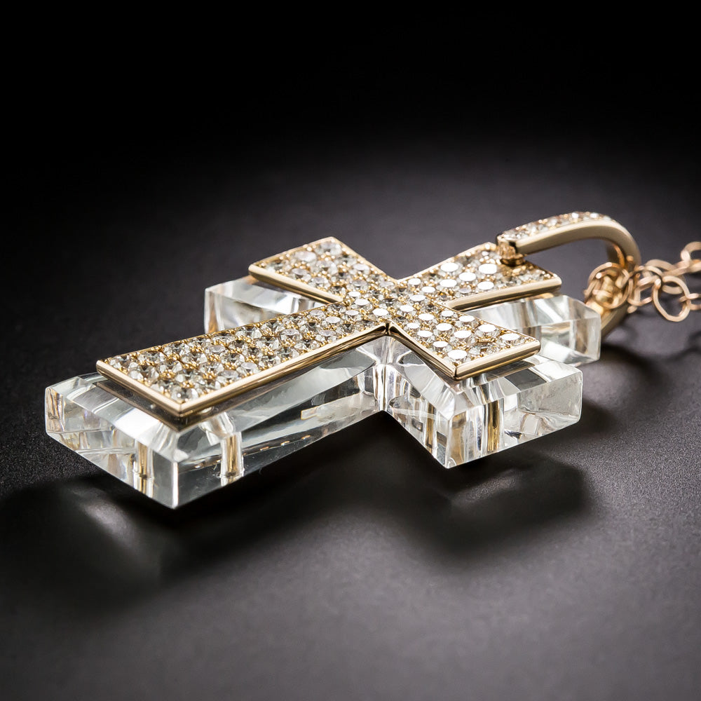 Rock Crystal And Diamond Cross Pendant - 4