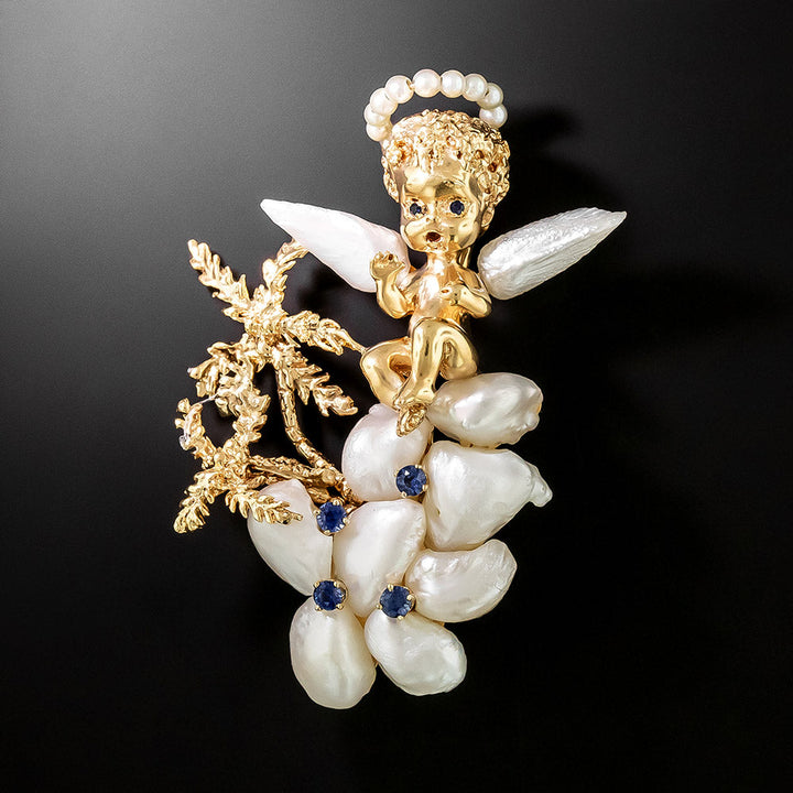 Ruser Angel Freshwater Pearl and Sapphire  Brooch