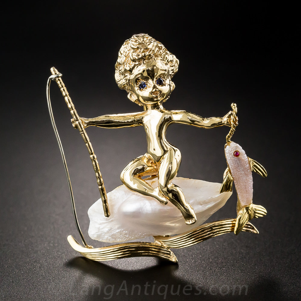 Ruser Freshwater Pearl Fisher Boy Brooch - 2