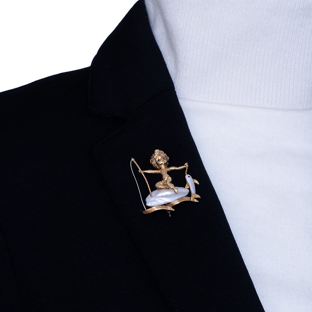 Ruser Freshwater Pearl Fisher Boy Brooch - 7