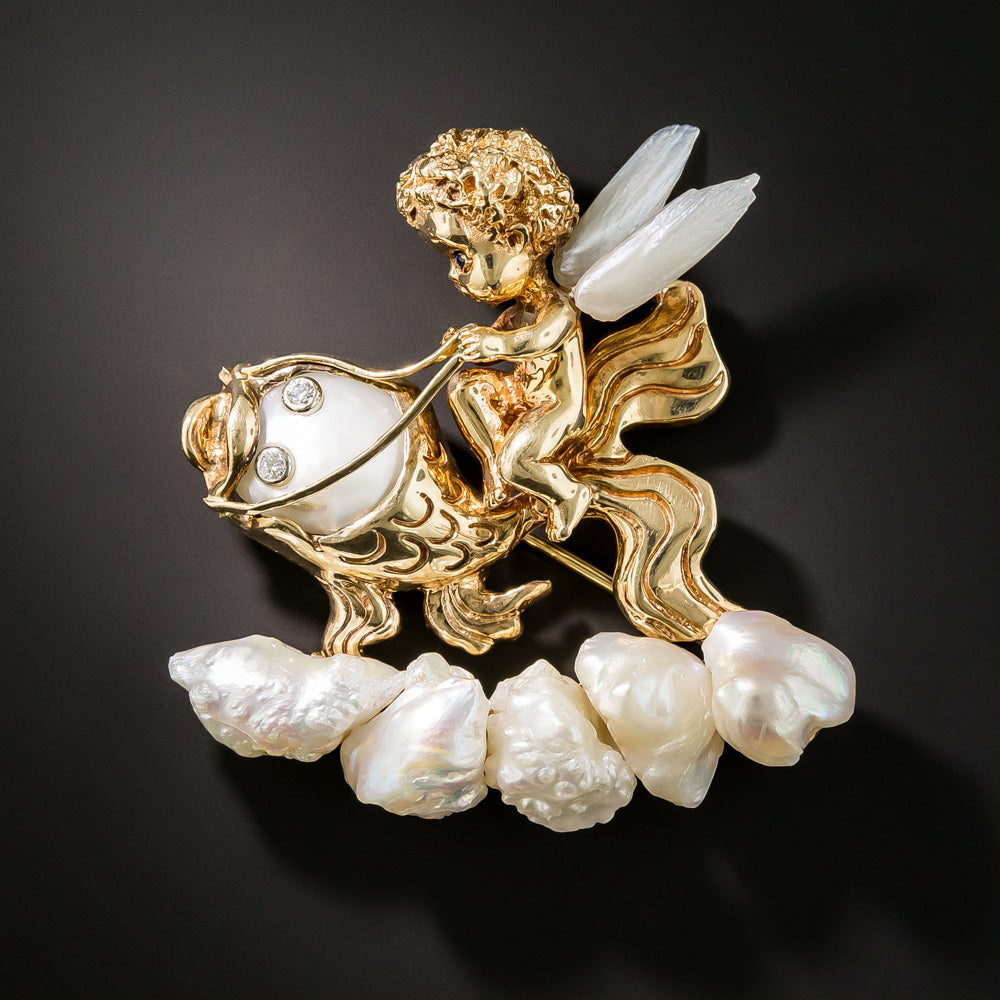 Mid-Century Ruser Diamond and Pearl Angel Brooch - 2