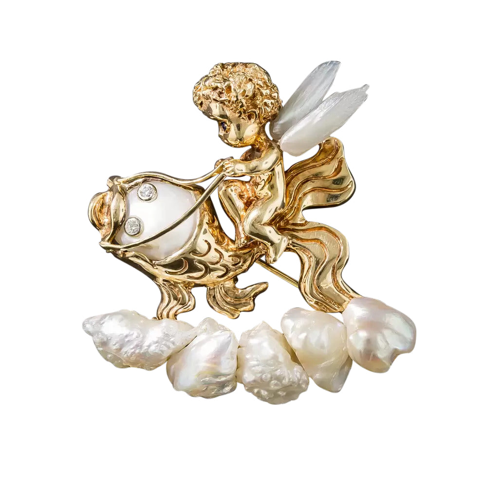 Ruser Pearl and Diamond Angel Brooch - 3