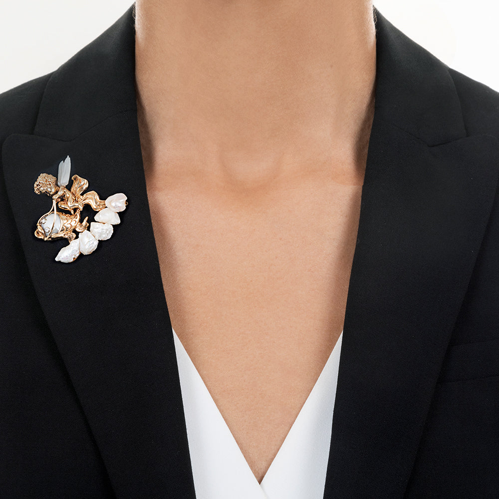 Ruser Pearl and Diamond Angel Brooch - 4