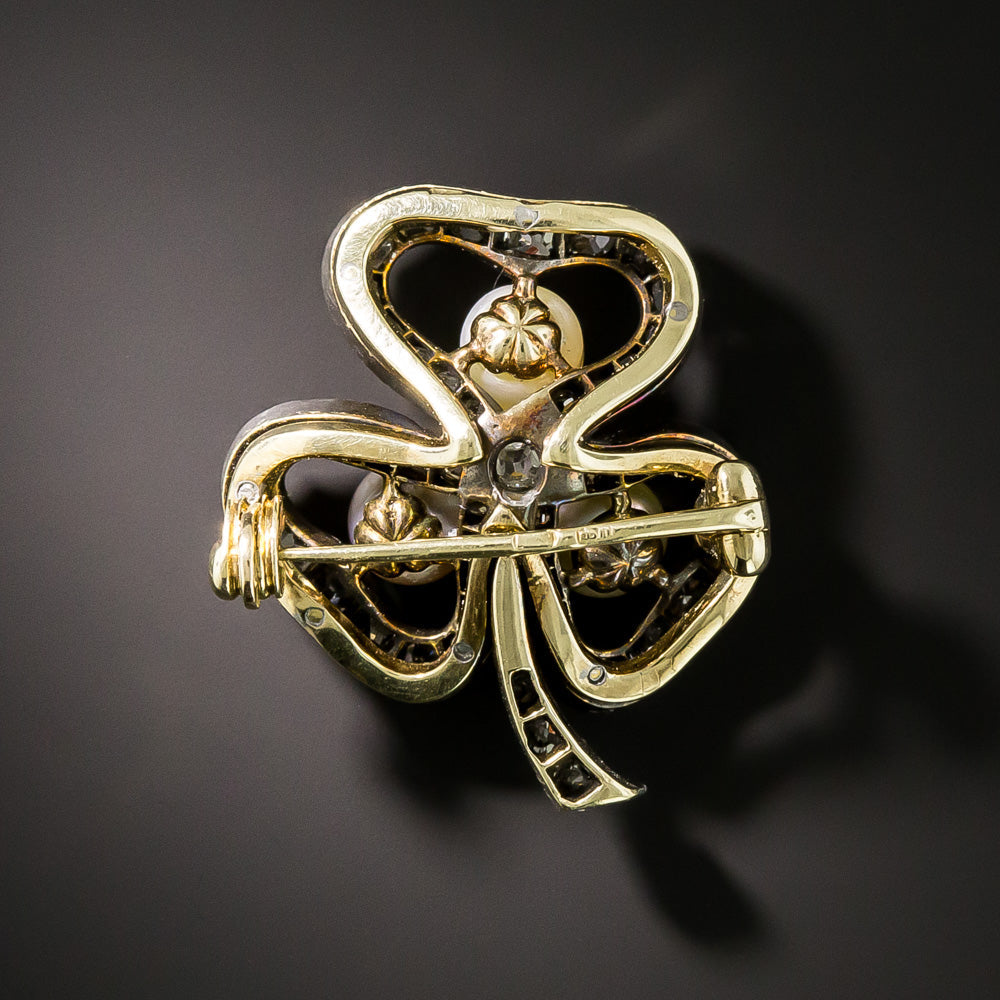 Russian Faberge Three-Leaf Clover Diamond and Natural Pearl Brooch - 4